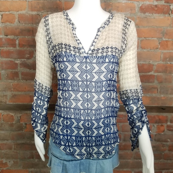 Lucky Brand Tops - Lucky Brand Top Sheer Gray White Tan Ikat Graphic